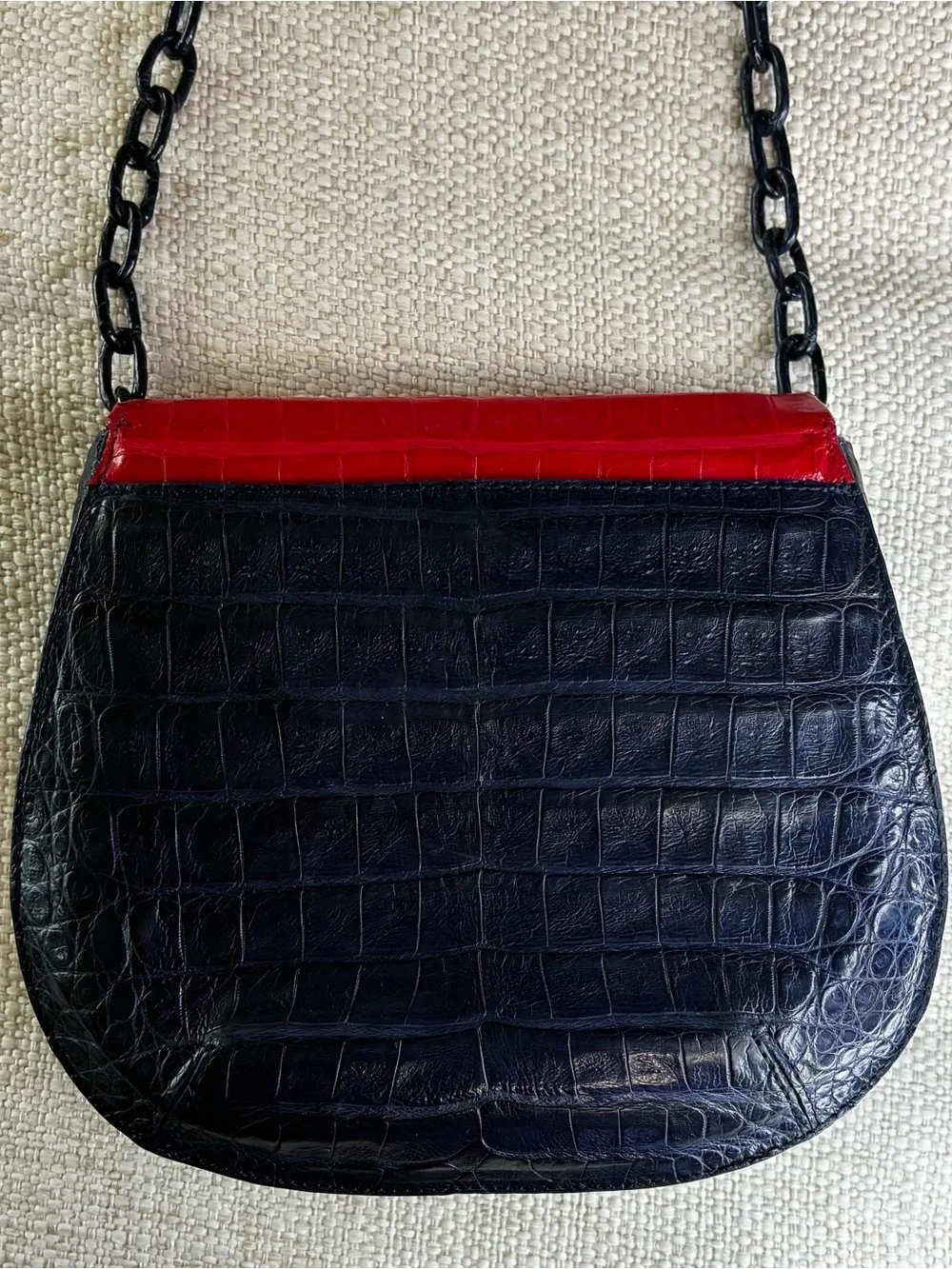 Nancy Gonzalez Rare VGC Navy/Red Crocodile Round Flap-Top Crossbody Bag